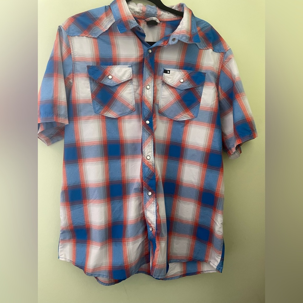 Men’s The North Face Plaid Short Sleeve Button Down Shirt Orange Blue Large